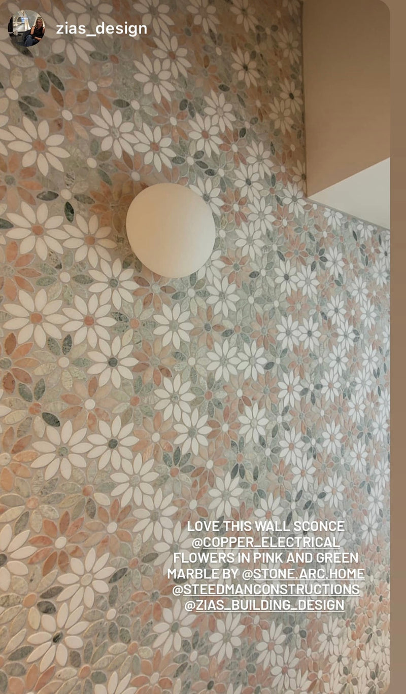 Marble Mosaic - Flower - Pink + Green + Thassos - Honed