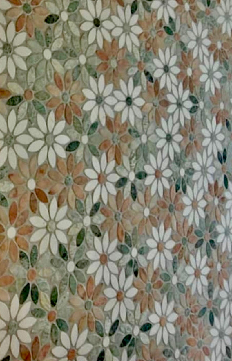 Marble Mosaic - Flower - Pink + Green + Thassos - Honed
