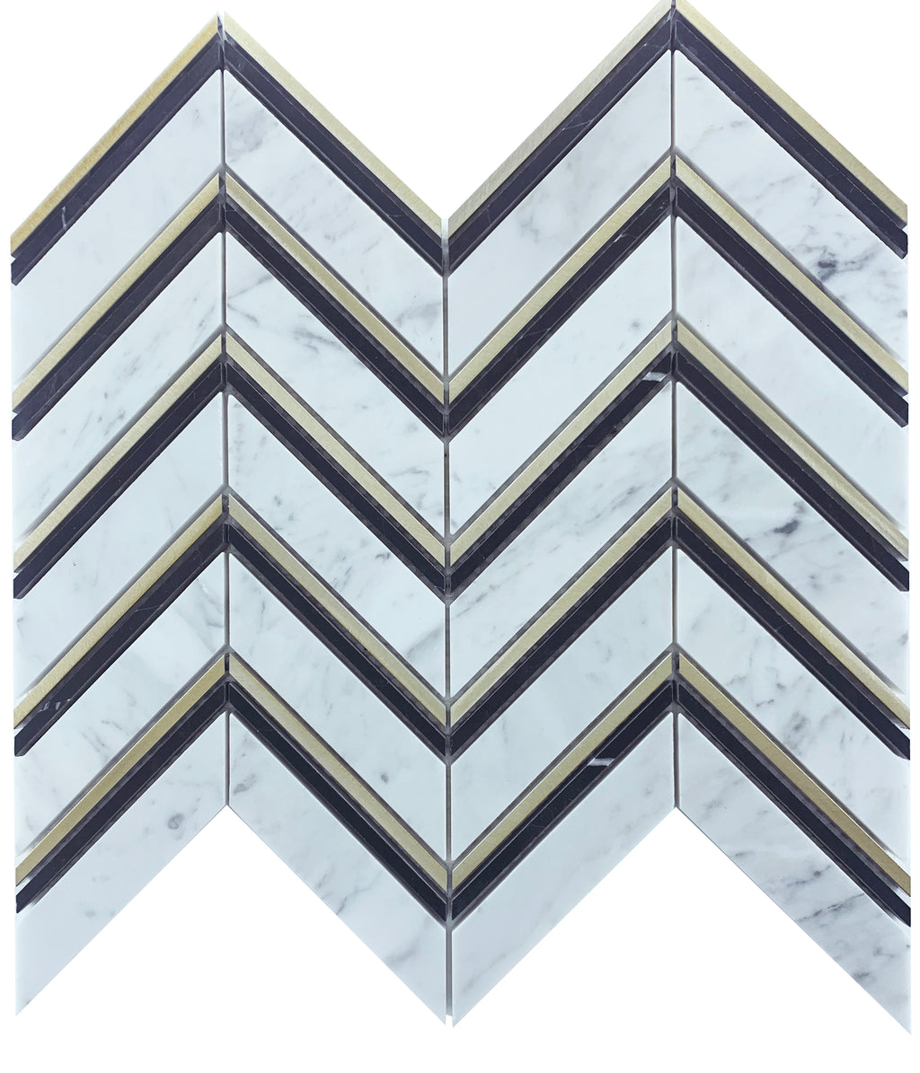 Marble Mosaic - Chevron - Carrara + Nero + Gold - Honed