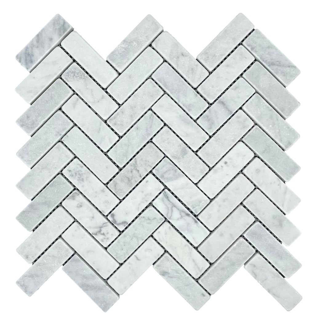 Marble Mosaic - Herringbone Carrara Tumbled 75x25mm Chip Size