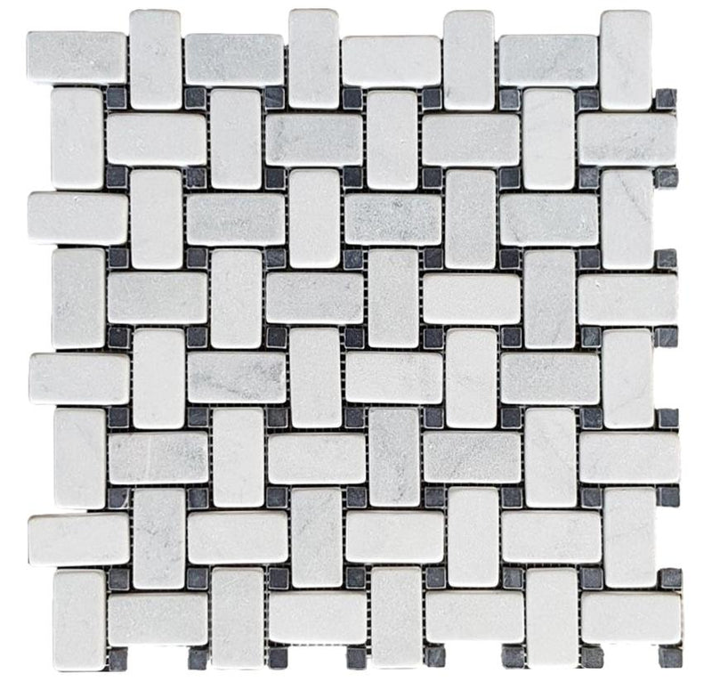 Marble Mosaic - Basket Weave Carrara Nero Dot Tumbled