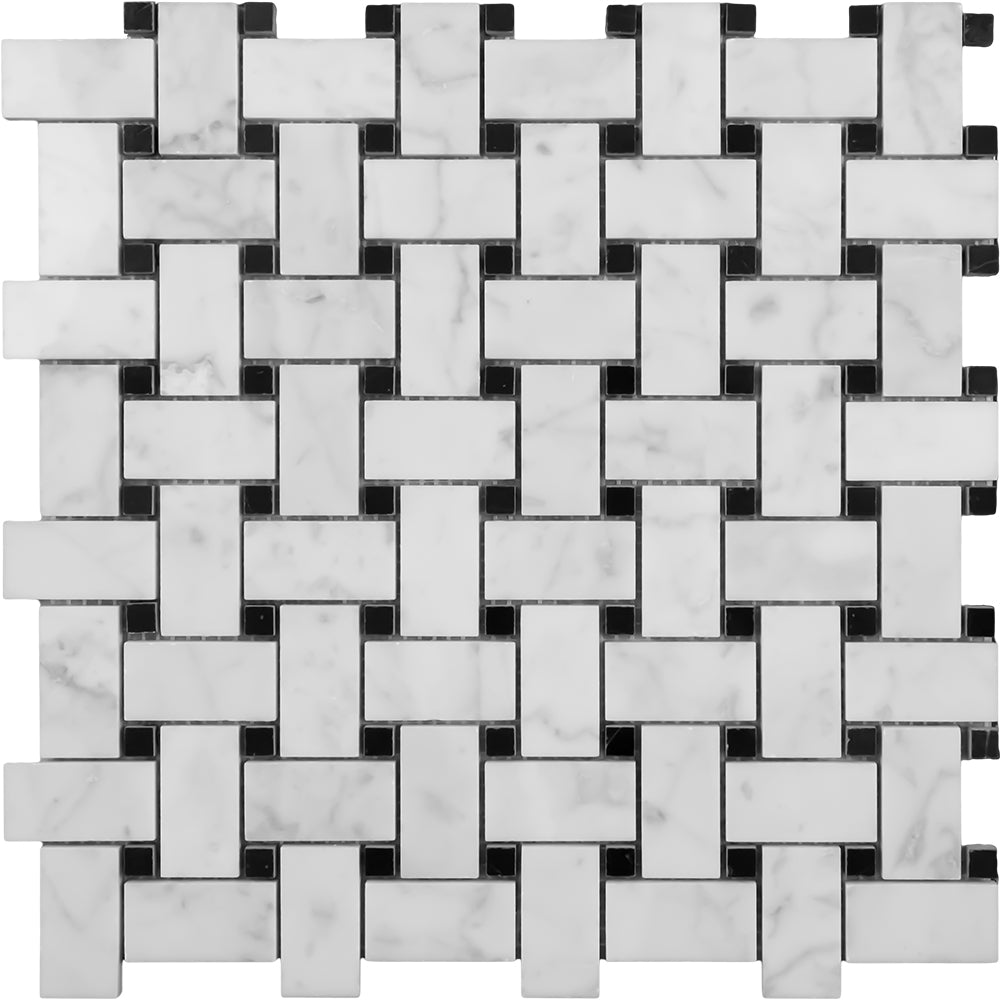 Marble Mosaic - Basketweave - Carrara + Nero Dot - Honed